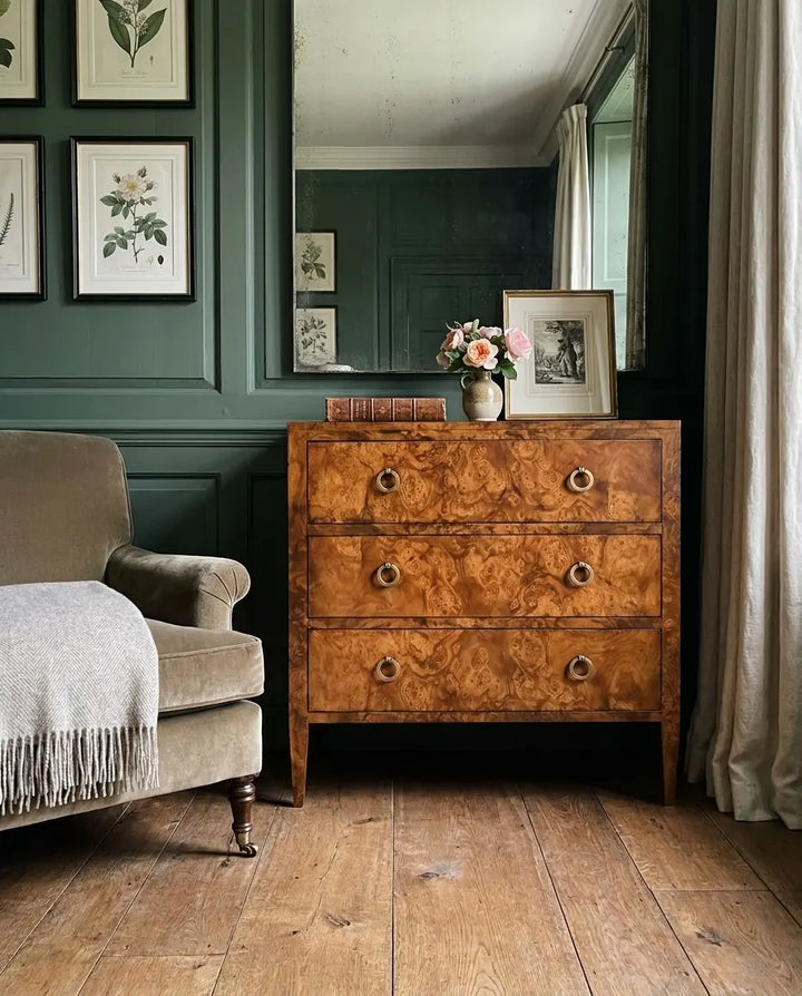 Three Drawer Chest On Legs - Walnut Burl