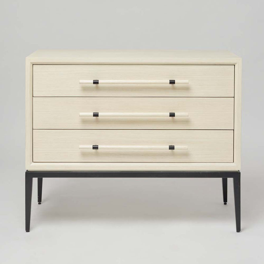 Additional view of Burton 3 Drawer Bedside in light natural burl wood and cream.