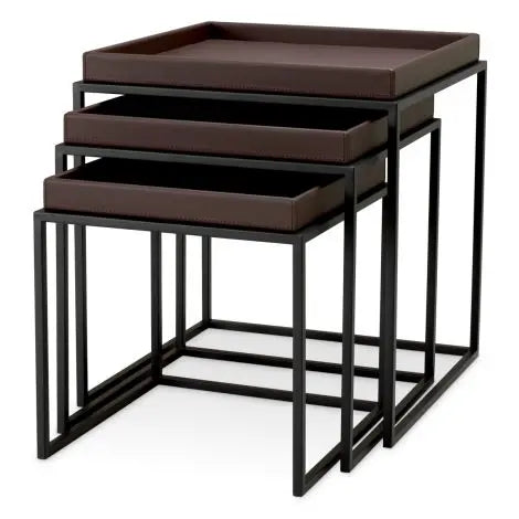 Side Table Léonard Faux Leather Dark Brown Black Finish Set Of 3 - image 1