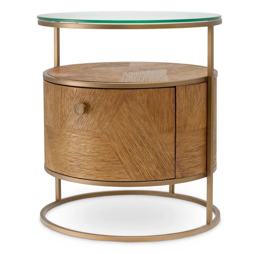 Nightstand Velutto Caramel Carved Oak Veneer Brushed Brass Finish - image 1