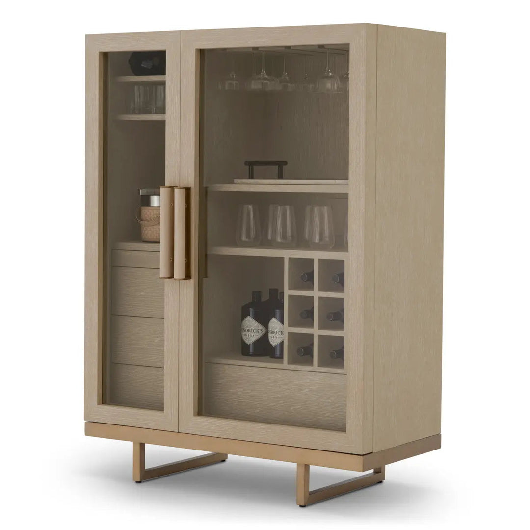 Bar Cabinet Connaught Washed Oak Veneer Brushed Brass Finish - image 1