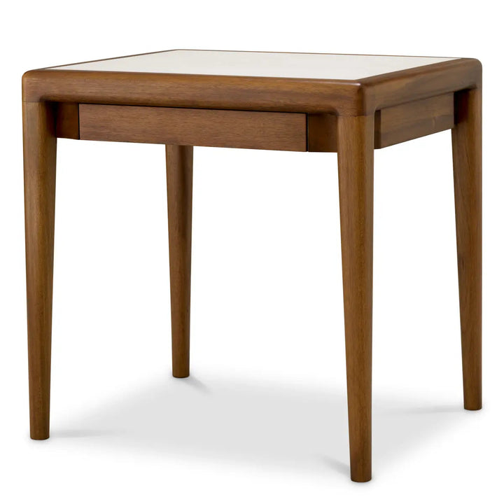 Side Table Hensley Square Mahogany Wood Caramel Finish Beige Marble - image 1