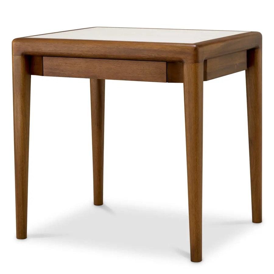 Side Table Hensley Square Mahogany Wood Caramel Finish Beige Marble - image 1