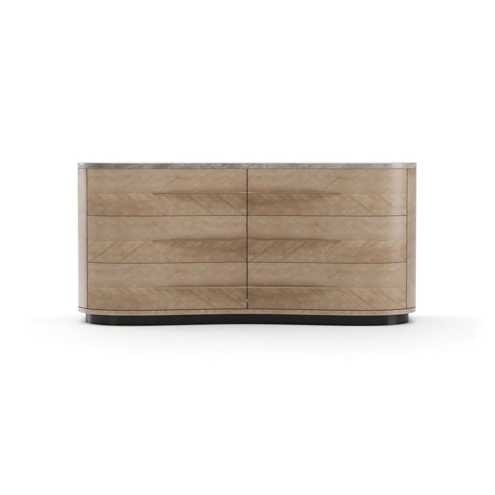 Roam 6-Drawer Dresser, shown in light oak beige and warm taupe with wood veneer and stone.