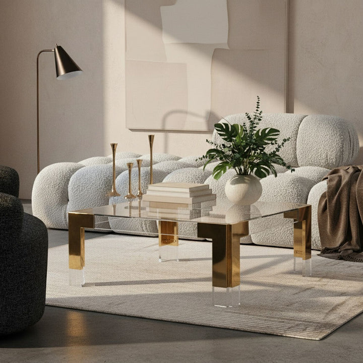 Casper Square Glass Top, Acrylic And Metal Base Coffee Table — Gold