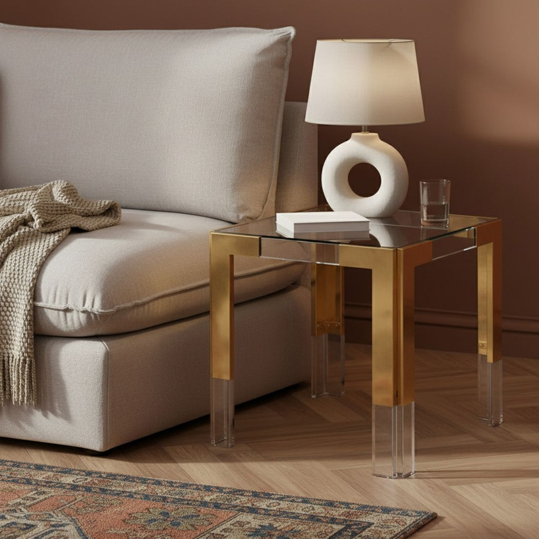 Casper Glass Top, Acrylic And Metal Base End / Side Table — Gold