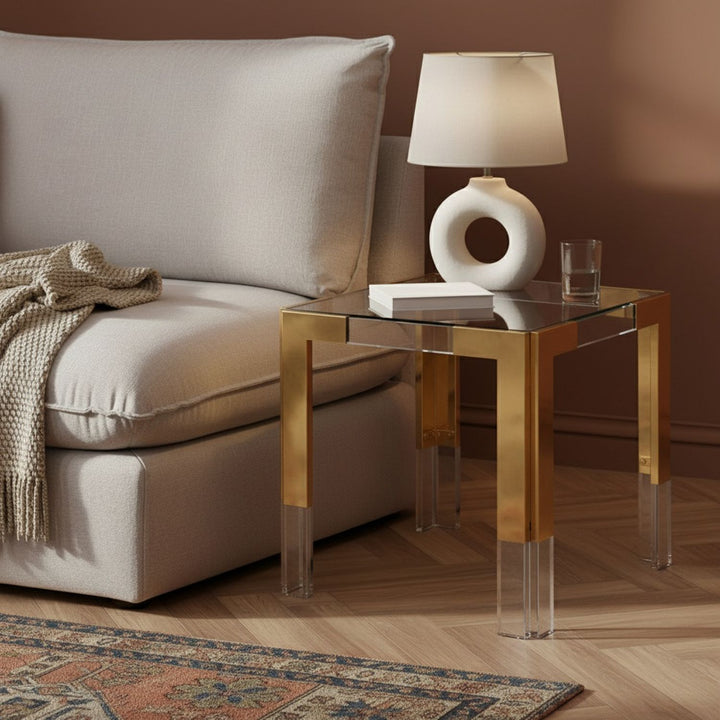 Casper Glass Top, Acrylic And Metal Base End / Side Table — Gold