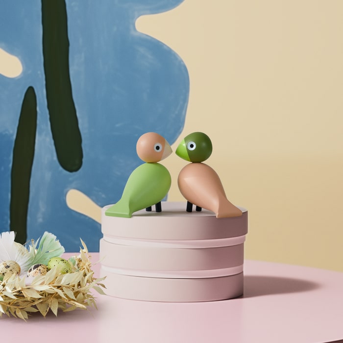 Kay Bojesen Lovebirds, Light Green/Rose, H: 3.5"