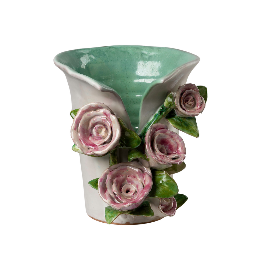 Vases Medium White Vase with Pink Roses
