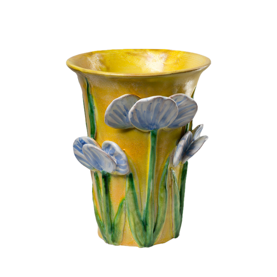 Vases Medium Yellow Vase with Blue Flowers