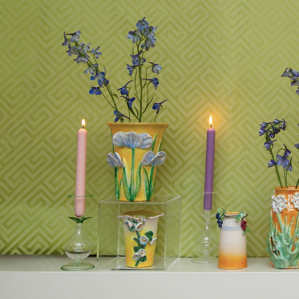 Vases Medium Yellow Vase with Blue Flowers