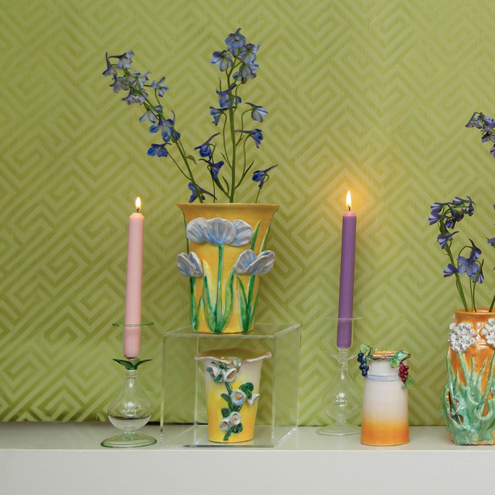 Vases Medium Yellow Vase with Blue Flowers