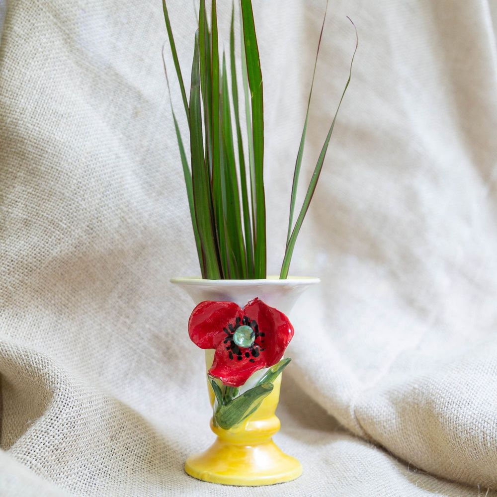 Vases Vase, Small White with Red Poppy Flower
