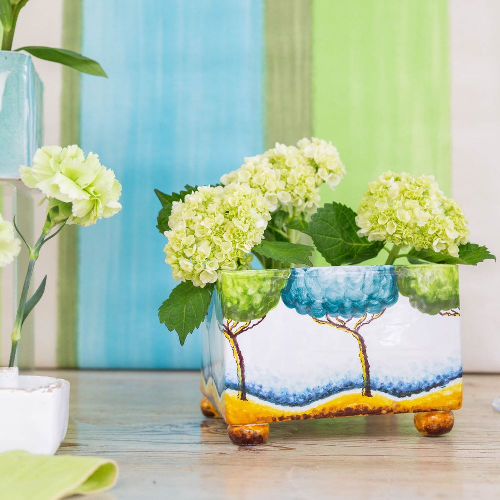 Indoor Planters Tulipiere, Turquoise White with Painted Trees