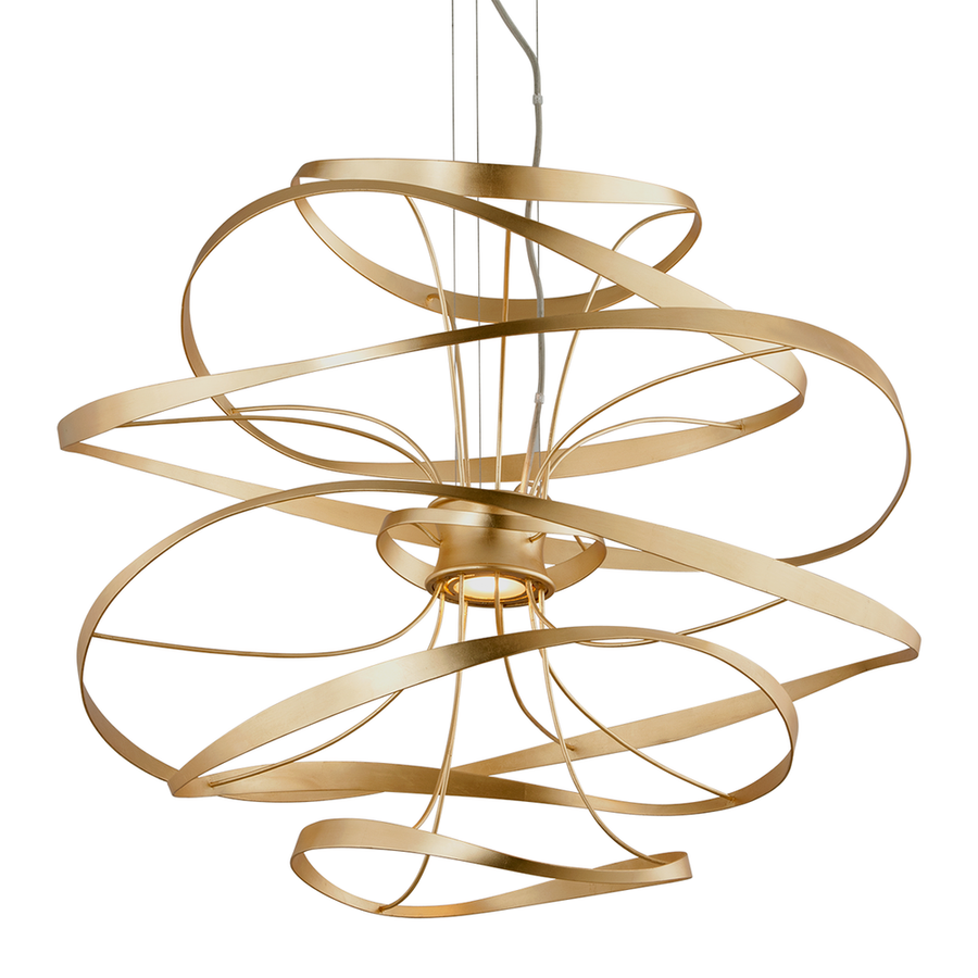 Chandeliers Calligraphy Chandelier - Gold Leaf W Polished Stainless 2 Lights 34in