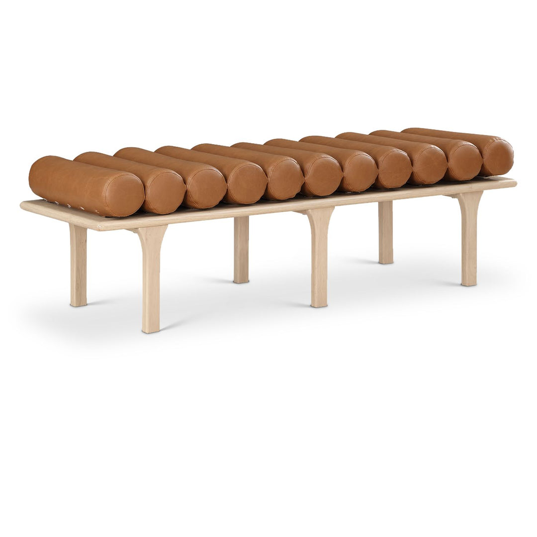 Landon Vegan Leather Upholstered Bench — Cognac / Natural Oak