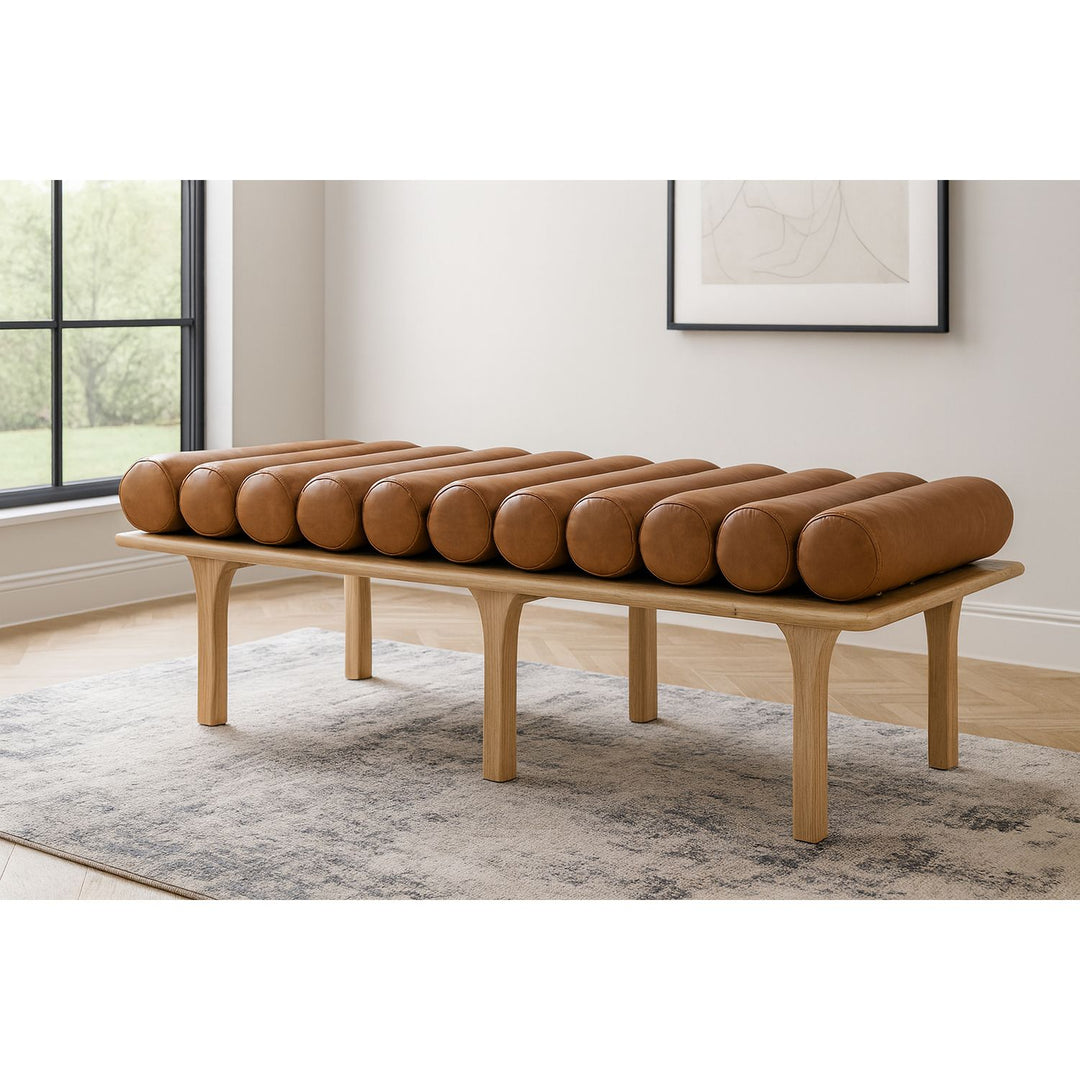 Landon Vegan Leather Upholstered Bench — Cognac / Natural Oak