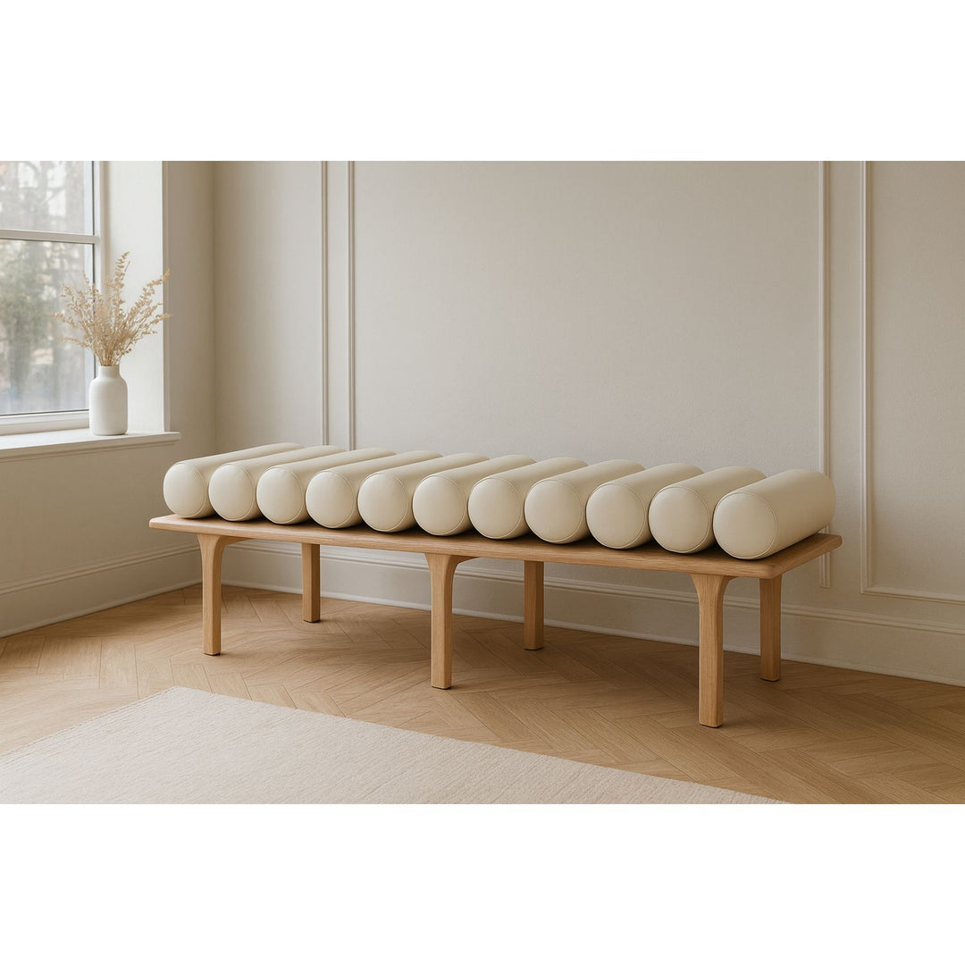 Landon Vegan Leather Upholstered Bench — Cream / Natural Oak