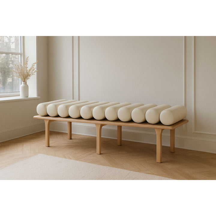 Landon Vegan Leather Upholstered Bench — Cream / Natural Oak