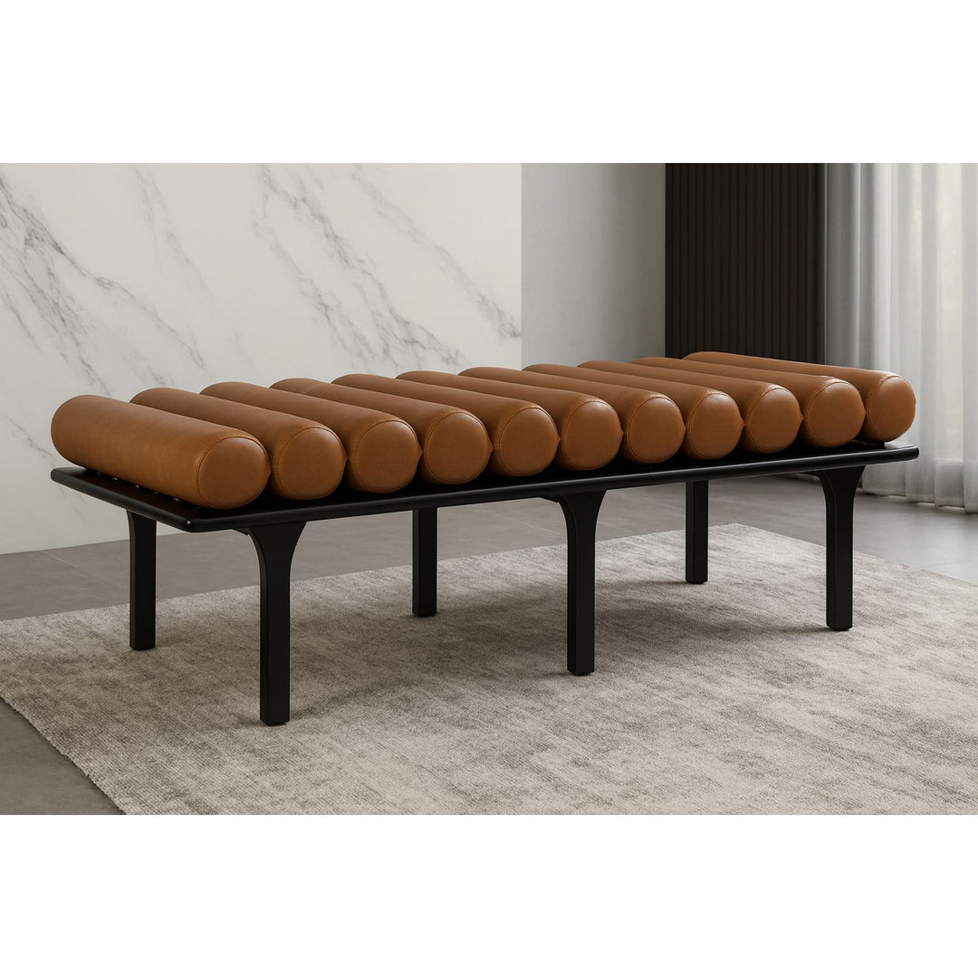 Landon Vegan Leather Upholstered Bench — Cognac / Black