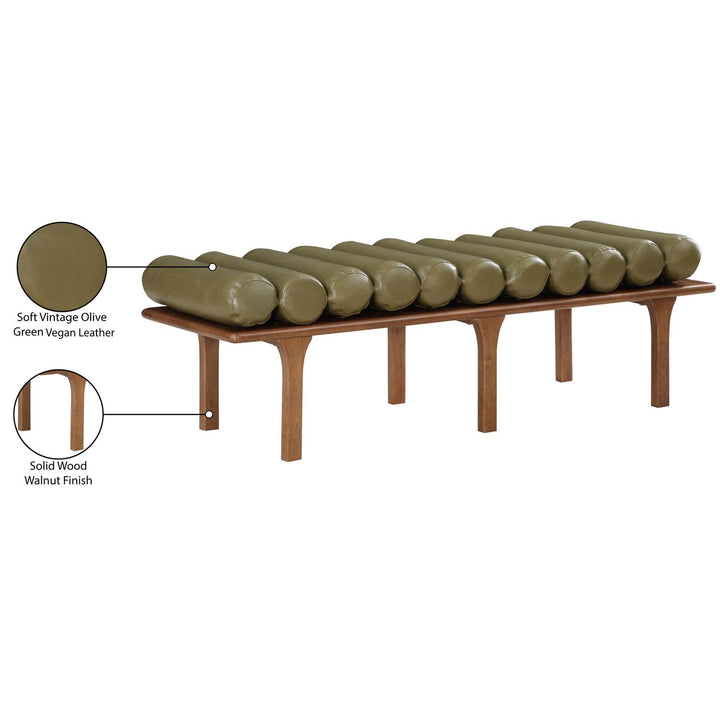 Landon Vegan Leather Upholstered Bench — Olive Green / Walnut