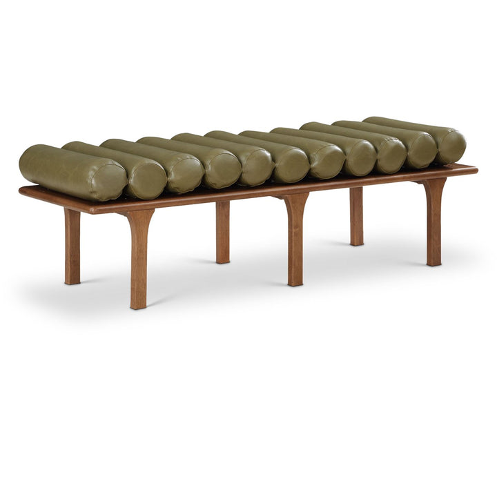 Landon Vegan Leather Upholstered Bench — Olive Green / Walnut