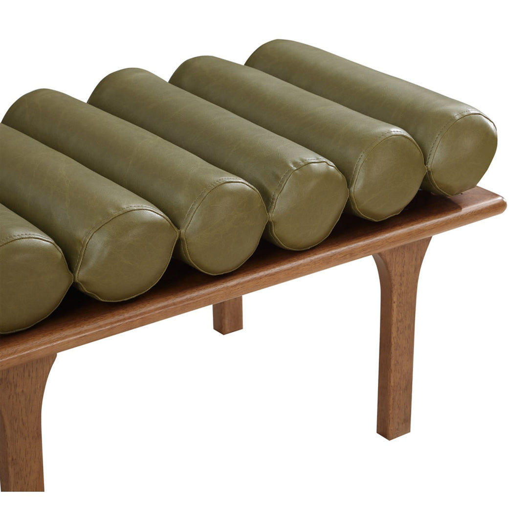 Landon Vegan Leather Upholstered Bench — Olive Green / Walnut