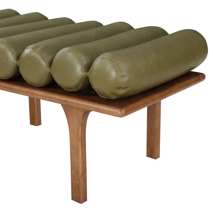 Landon Vegan Leather Upholstered Bench — Olive Green / Walnut