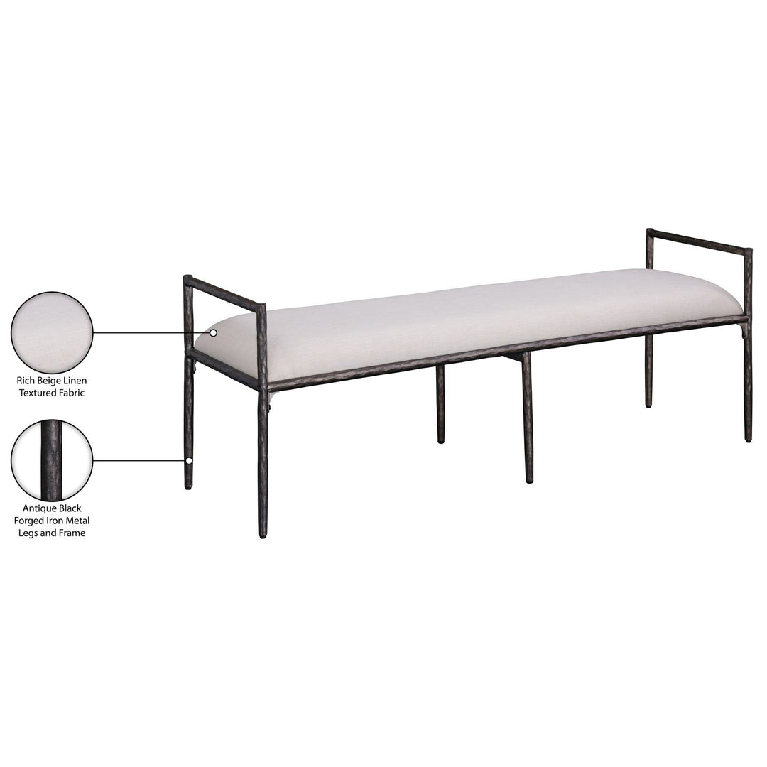 Axis Linen Textured Fabric Upholstered Bench — Beige / Powder Coated Antique Black