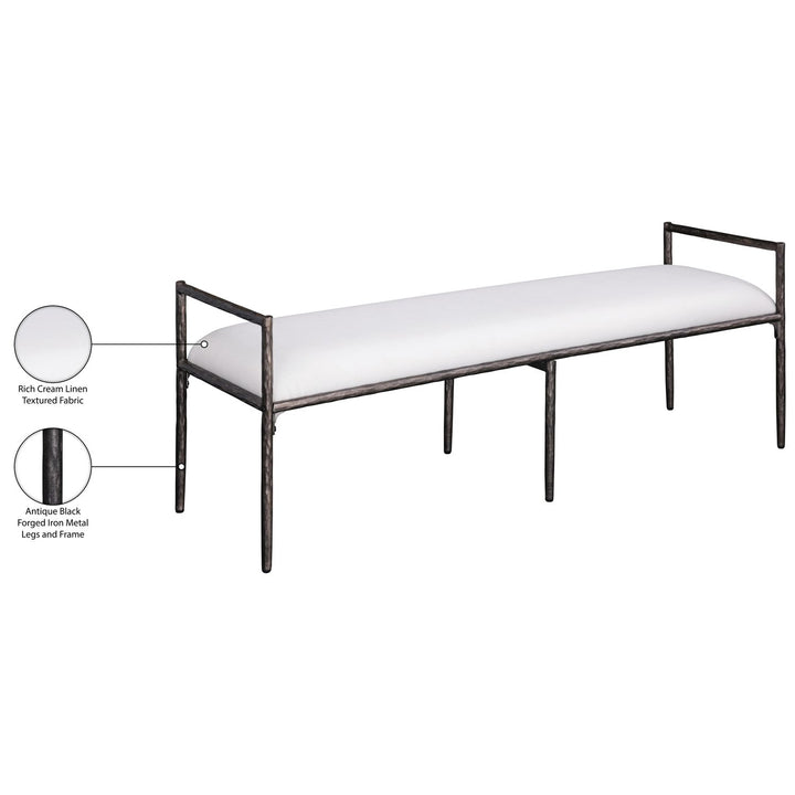 Axis Linen Textured Fabric Upholstered Bench — Cream / Powder Coated Antique Black