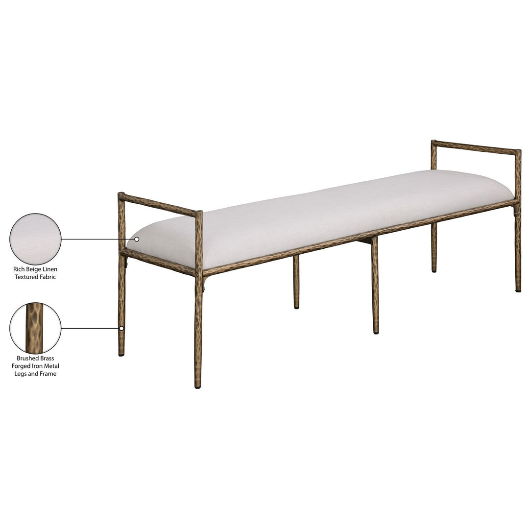Axis Linen Textured Fabric Upholstered Bench — Beige / Powder Coated Brushed Brass