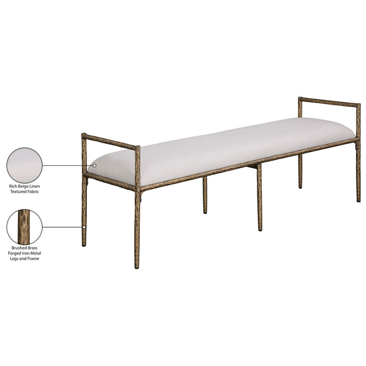 Axis Linen Textured Fabric Upholstered Bench — Beige / Powder Coated Brushed Brass