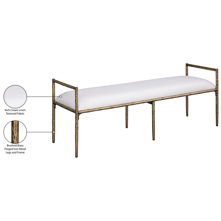 Axis Linen Textured Fabric Upholstered Bench — Cream / Powder Coated Brushed Brass