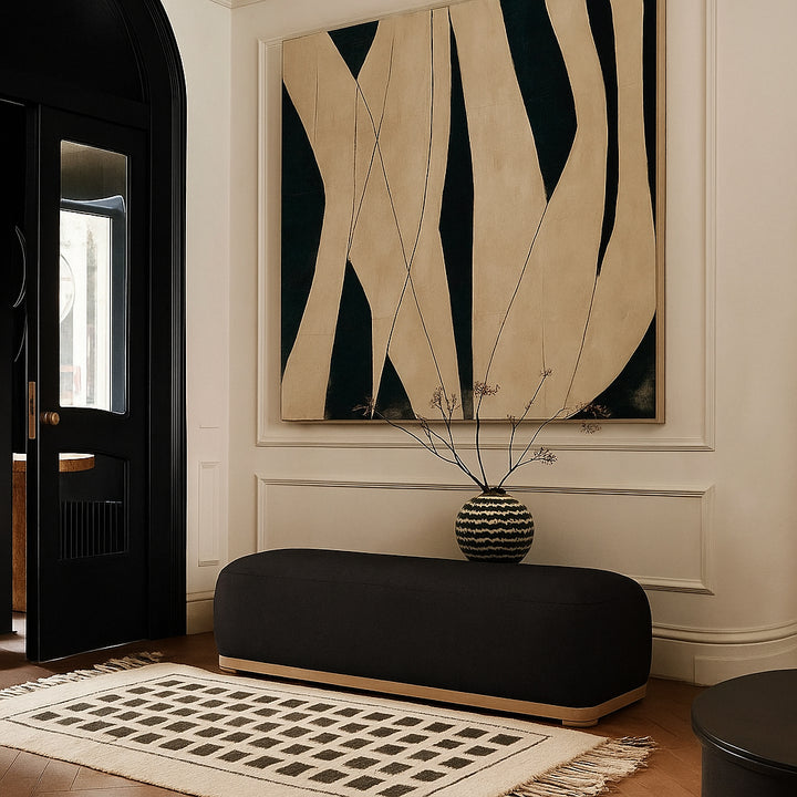 Calum Chenille Fabric Upholstered Bench — Black / Natural