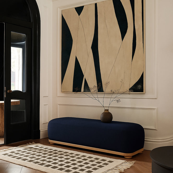 Calum Chenille Fabric Upholstered Bench — Navy / Natural