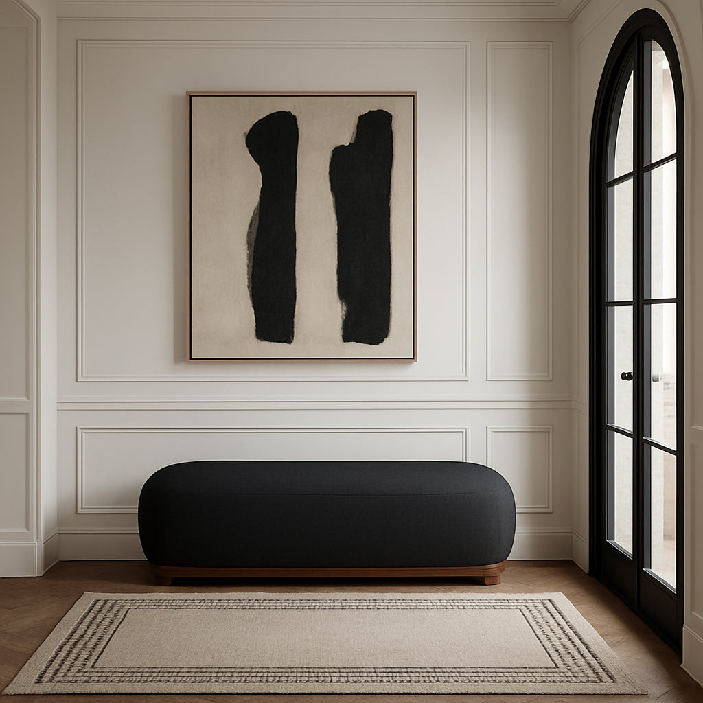 Calum Chenille Fabric Upholstered Bench — Black / Walnut