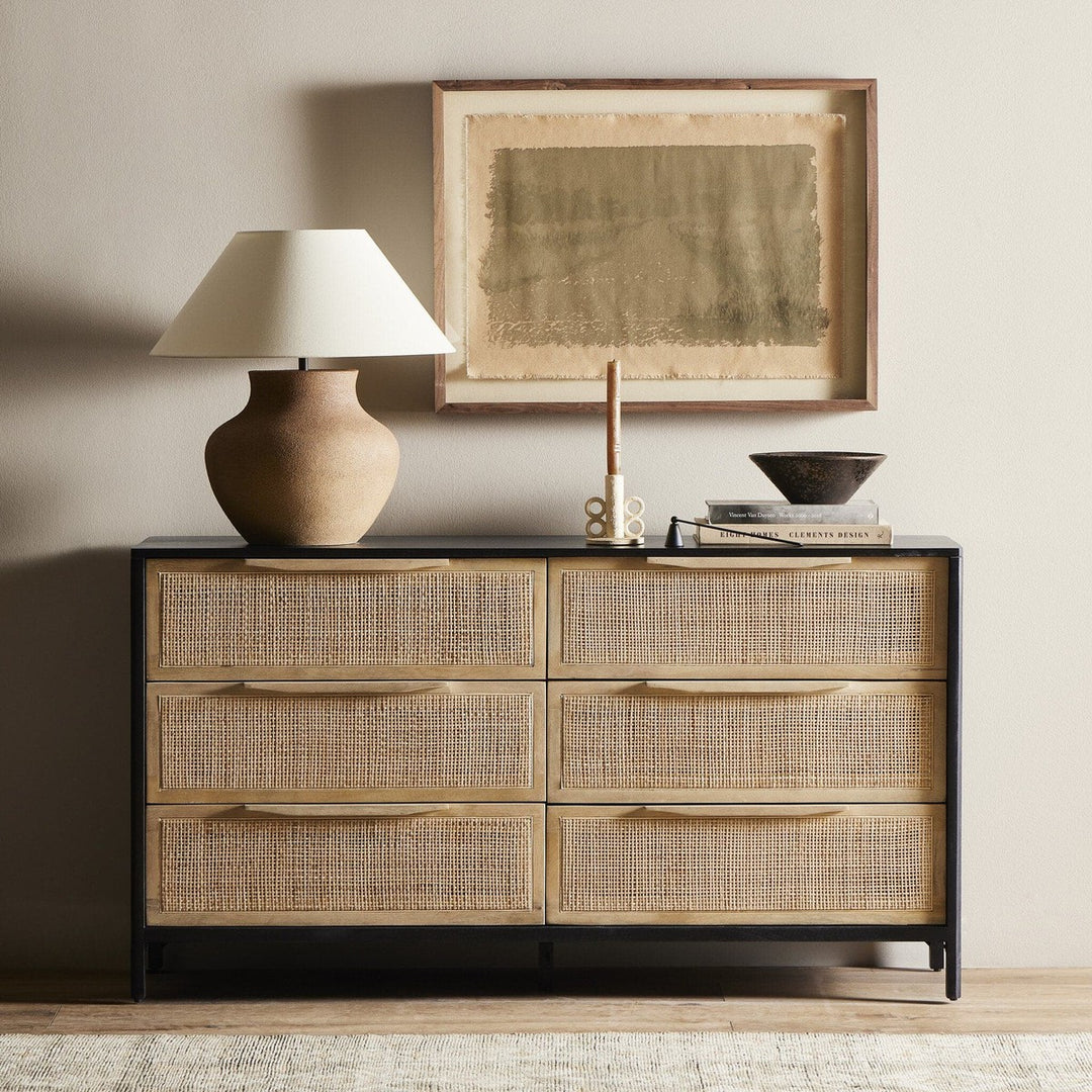 Sutton 6 Drawer Dresser - Natural Cane and Black