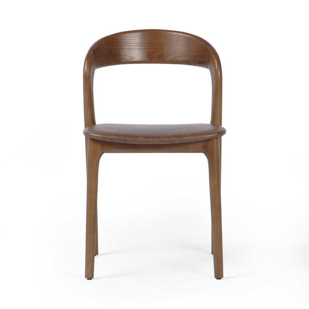 Amare Dining Chair, shown in medium brown and warm walnut brown with solid wood, ash wood, and fixed open backrest frame.