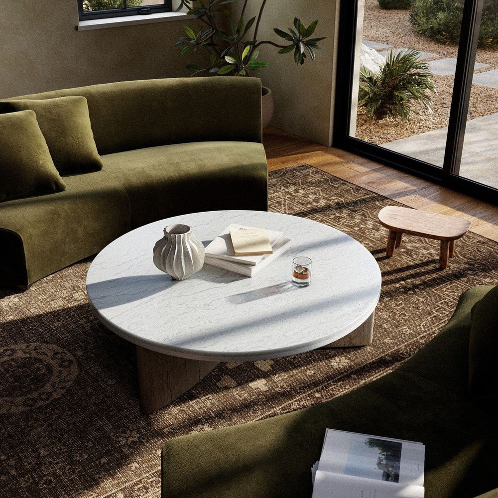 Coffee Tables Amadis Coffee Table - Italian White Marble w/ Rustic Grey Base