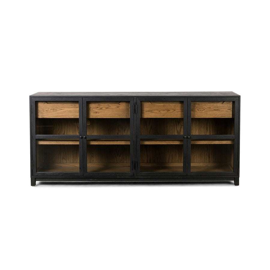 Veneto Large Sideboard, shown in matte black and warm natural oak with solid oak, glass, and four glass-front doors.
