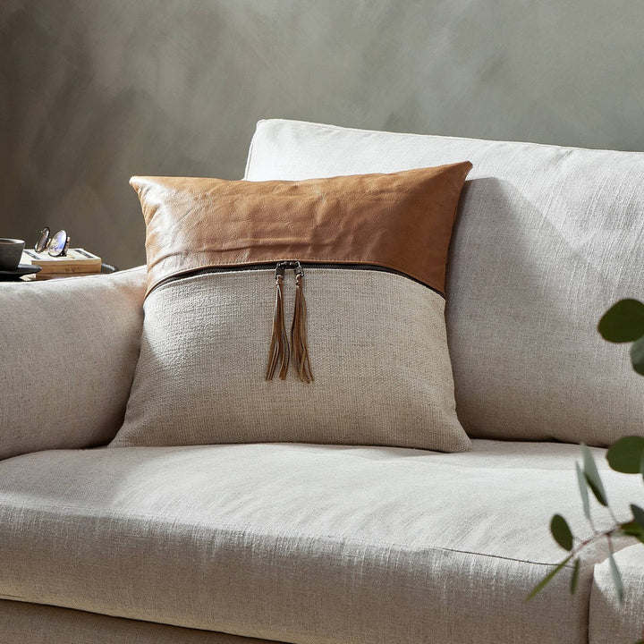 Camden Leather and Linen Block Pillow - Thames Cream