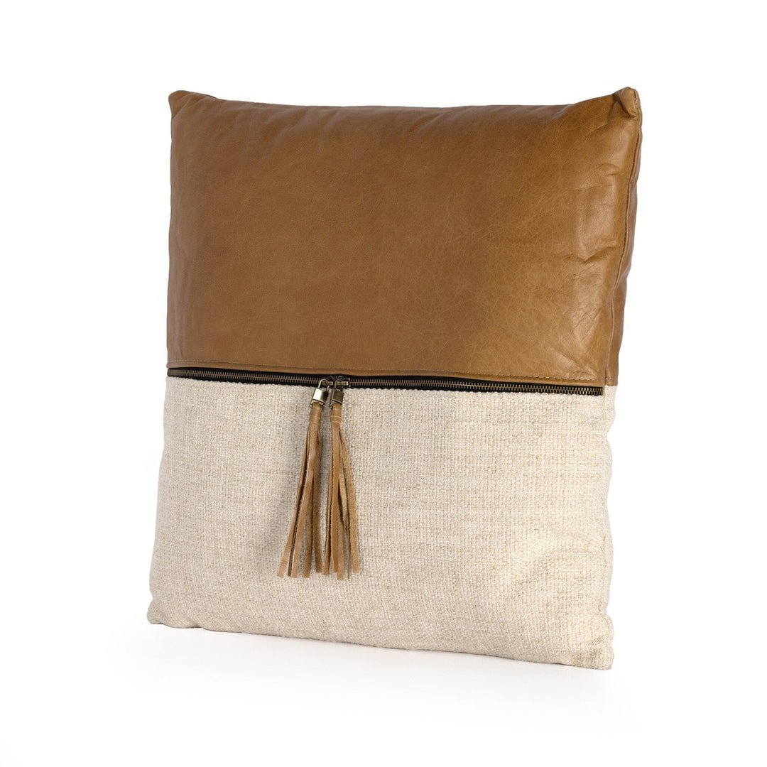 Camden Leather and Linen Block Pillow - Thames Cream