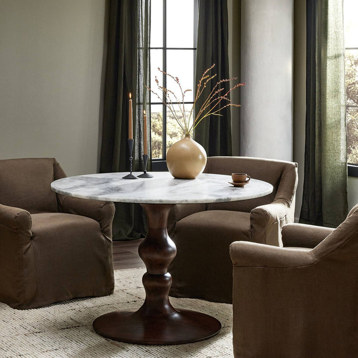 Falcon Round Dining Table - Dark Brown Acacia W/ White Marble