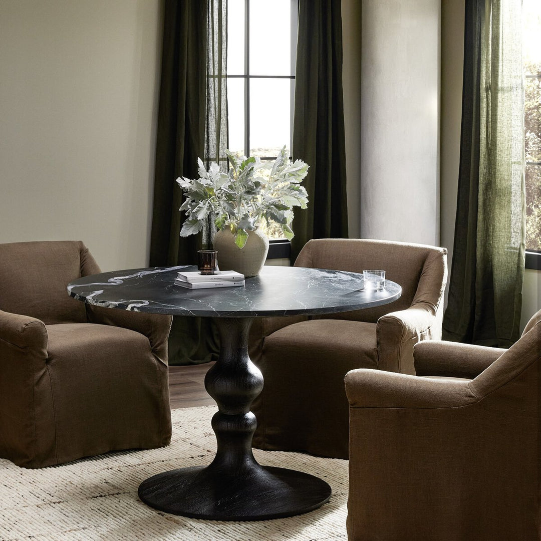 Falcon Round Dining Table - Dark Brown Acacia W/ Black Marble