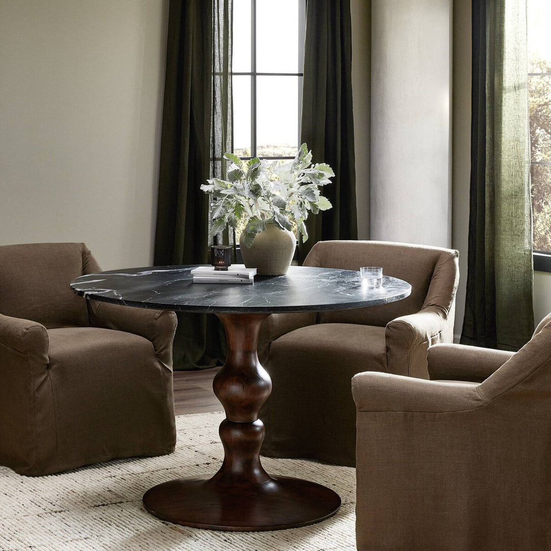 Falcon Round Dining Table - Dark Brown Acacia W/ Black Marble