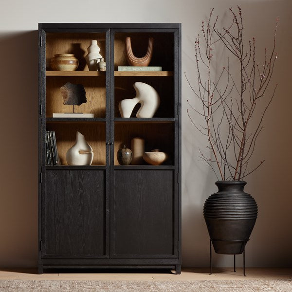 Millie Panel and Glass Door Cabinet-Four Hands-FH-235949-001-Bookcases & CabinetsDrifted Matte Black-2-France and Son