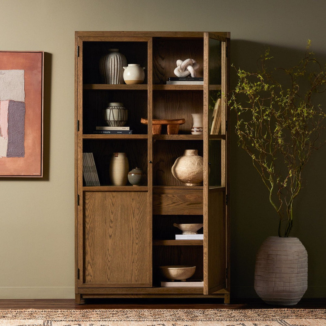 Emerson Panel and Glass Door Cabinet - Drifted Oak Solid