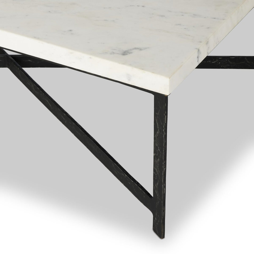 Forged Iron Coffee Table - White Marble - Hammered Black Iron