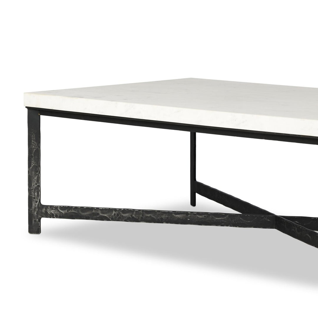 Forged Iron Coffee Table - White Marble - Hammered Black Iron