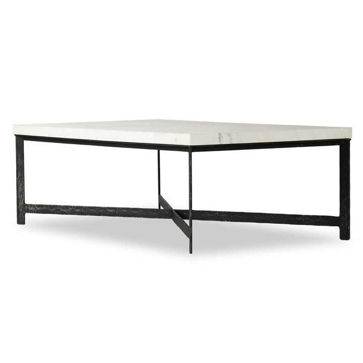 Forged Iron Coffee Table - White Marble - Hammered Black Iron